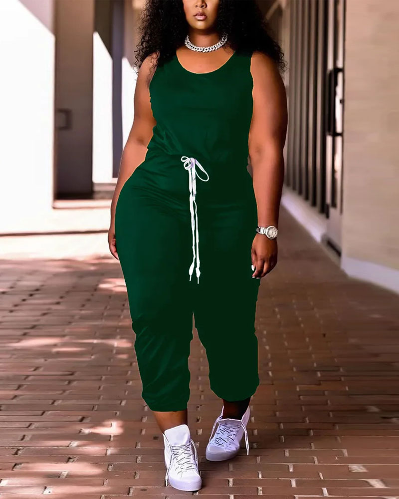 

Sleeveless Drawstring Waist Casual Jumpsuit, Green