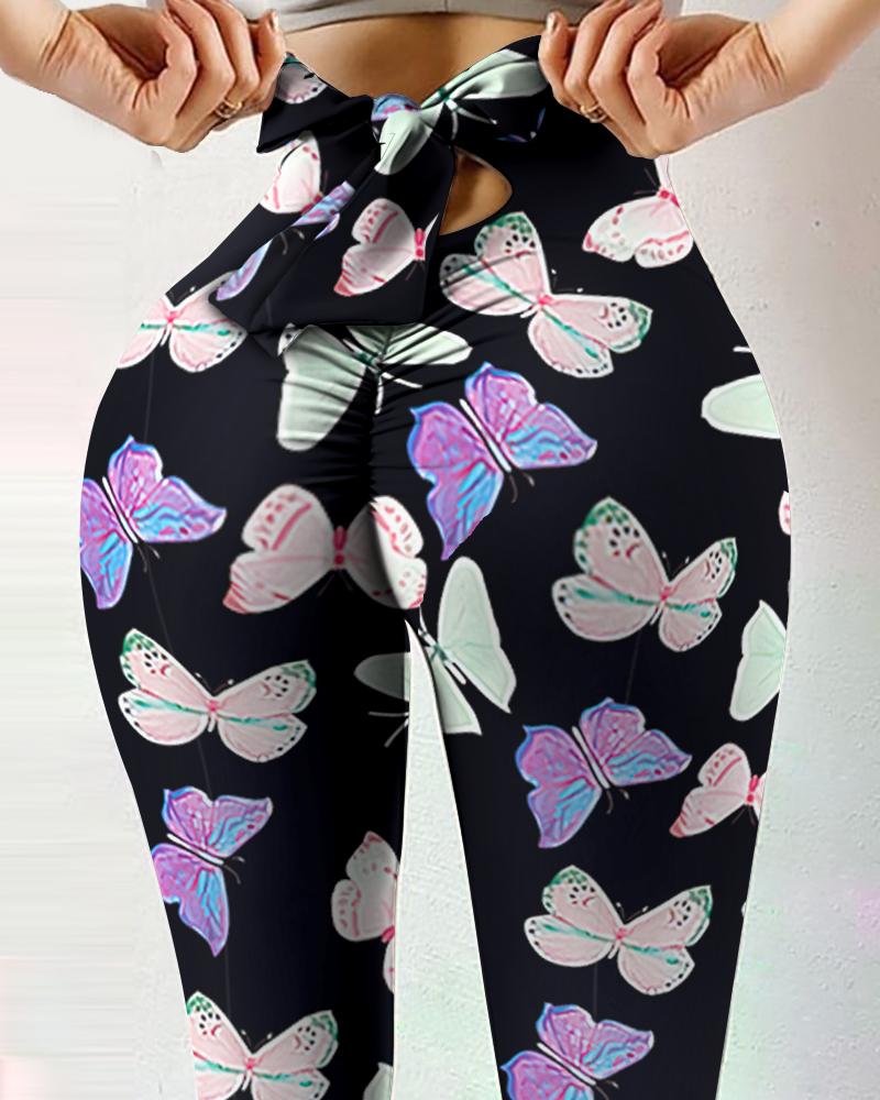 

Butterfly Print Bowknot Design Scrunch Butt Leggings Tummy Control Yoga Pants, Multicolor