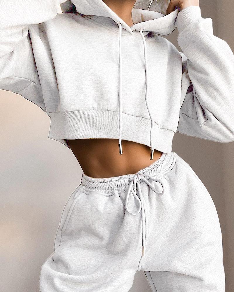 

Solid Hooded Drawstring Top & High Waist Pants Set, White