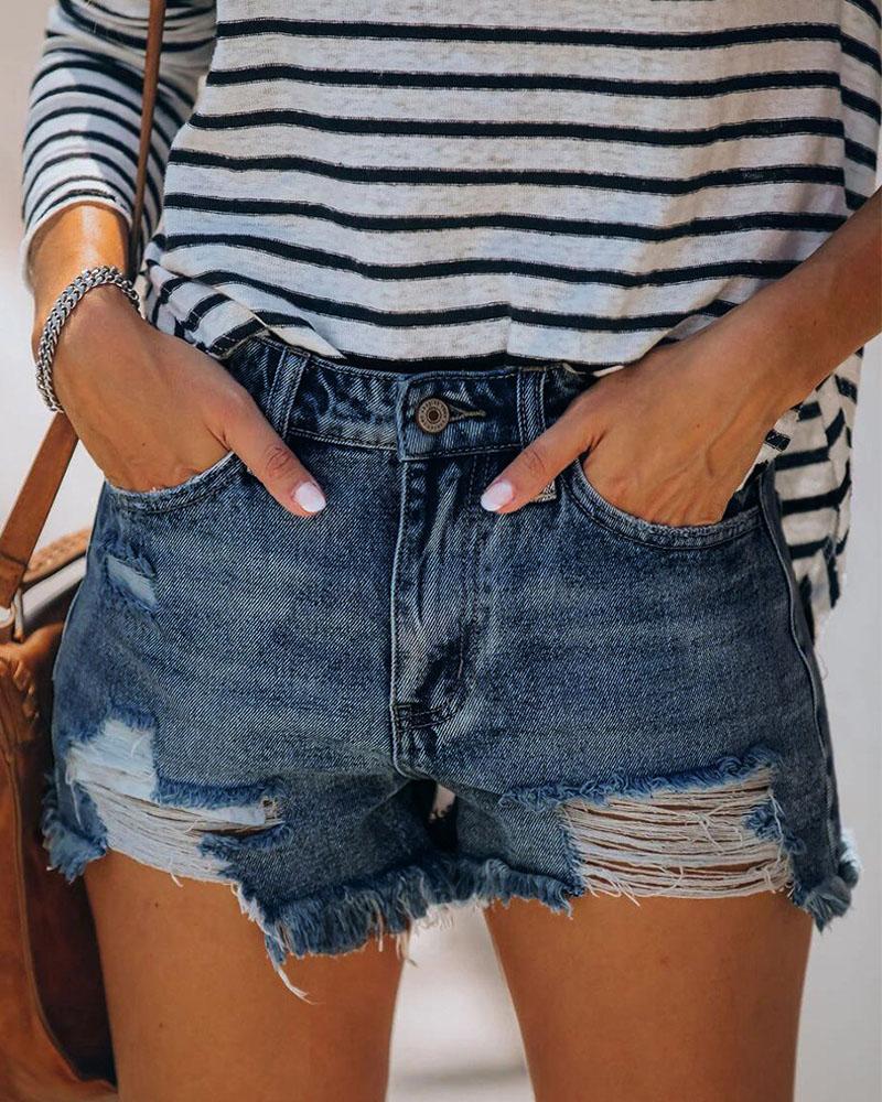 

Zipper Fly Ripped Raw Hem Denim Shorts, Blue
