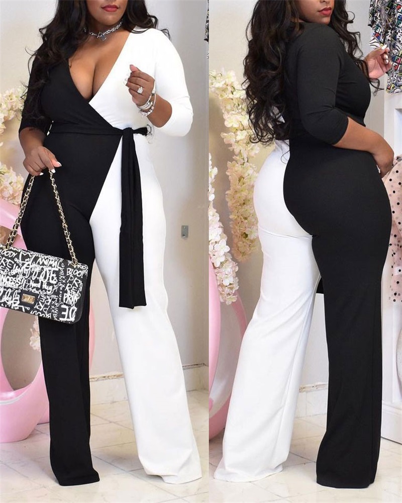 

Plus Size Colorblock Surplice Neck Belted Jumpsuit, Blackwhite
