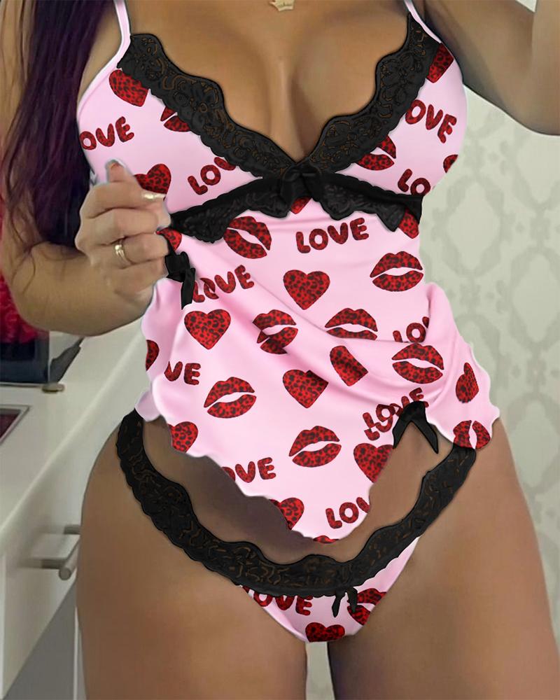 

Letter Lip Print Lace Trim Bowknot Front Cami Set, Pink