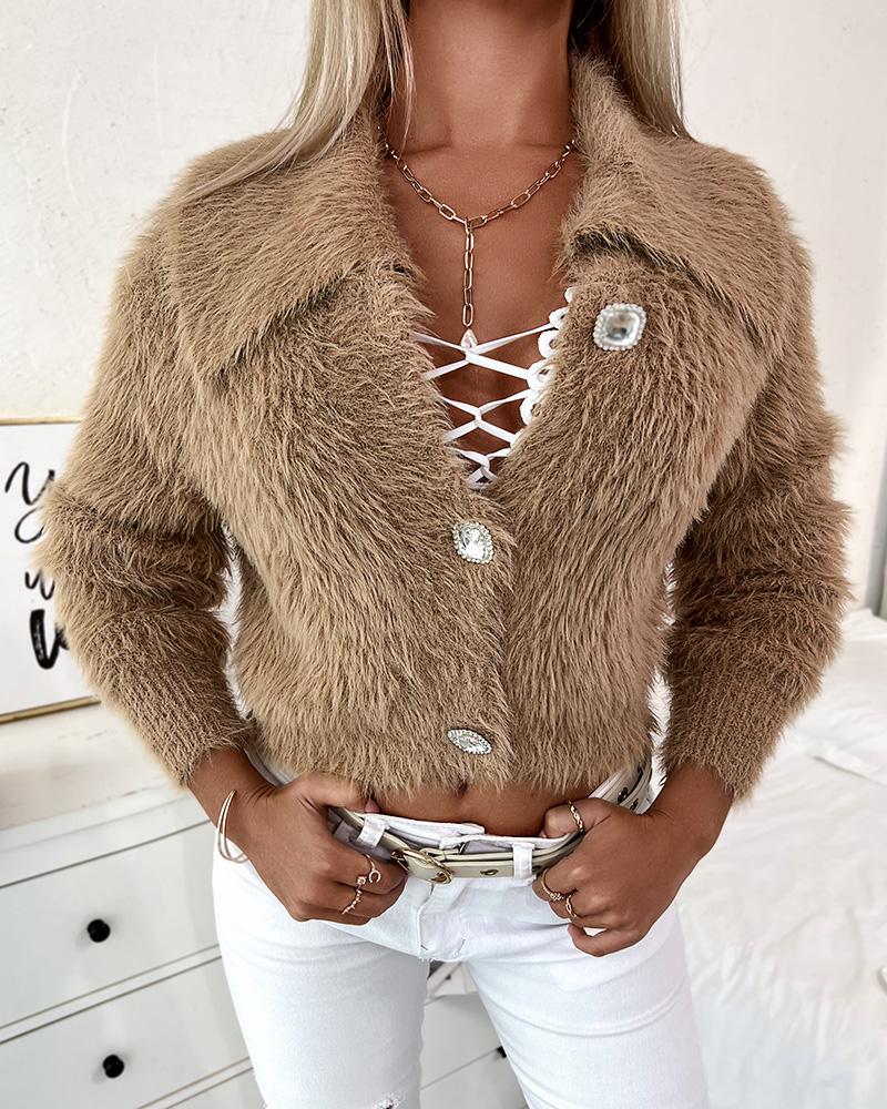 

Long Sleeve Button Decor Casual Top, Apricot