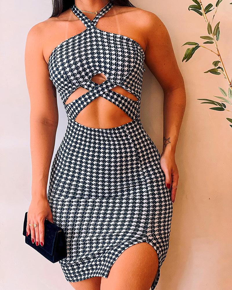 

Houndstooth Print Cutout Sleeveless Slit Bodycon Dress, Black