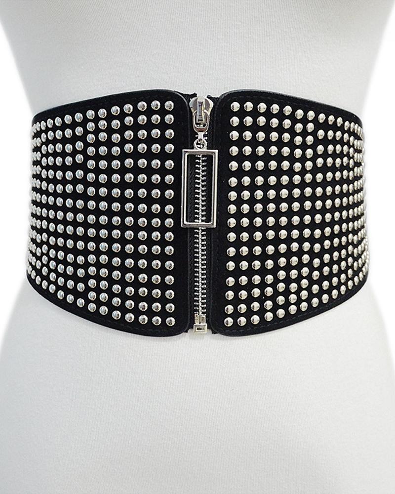 1pc Zip Front Studded Decor Elastic Wide Belt