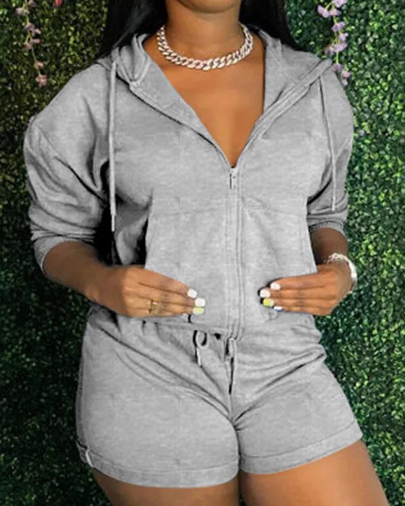 

Long Sleeve Zip Up Hooded Top & Drawstring Shorts Set, Gray