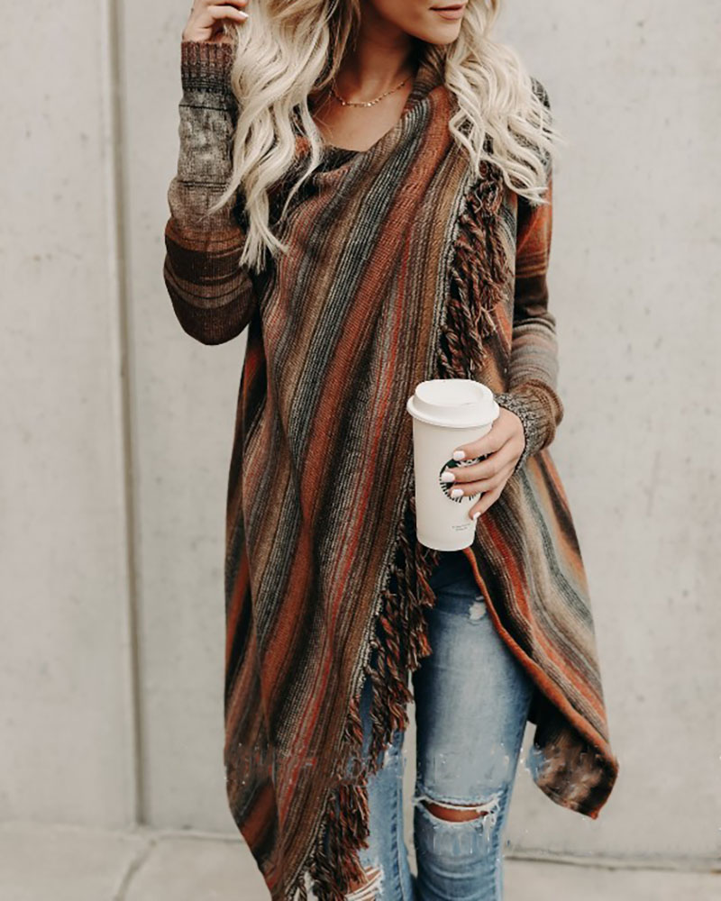 

Tassel Decor Striped Print Long Sleeve Cardigan, Black