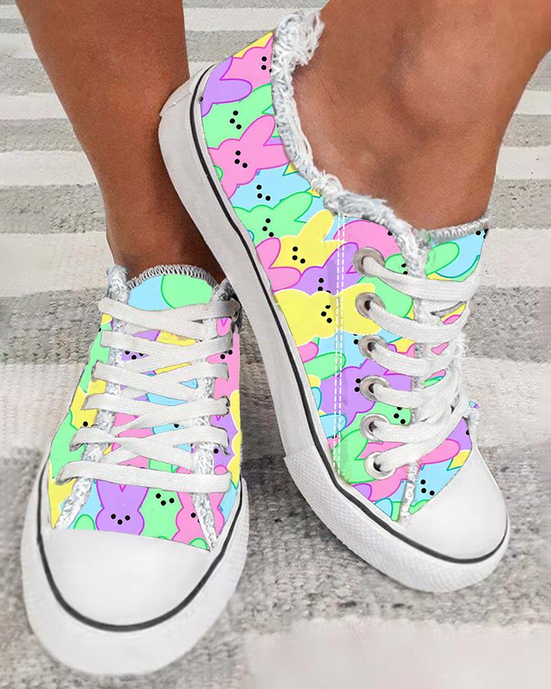 

Easter Allover Bunny Print Fringe Hem Canvas Sneakers, Multicolor
