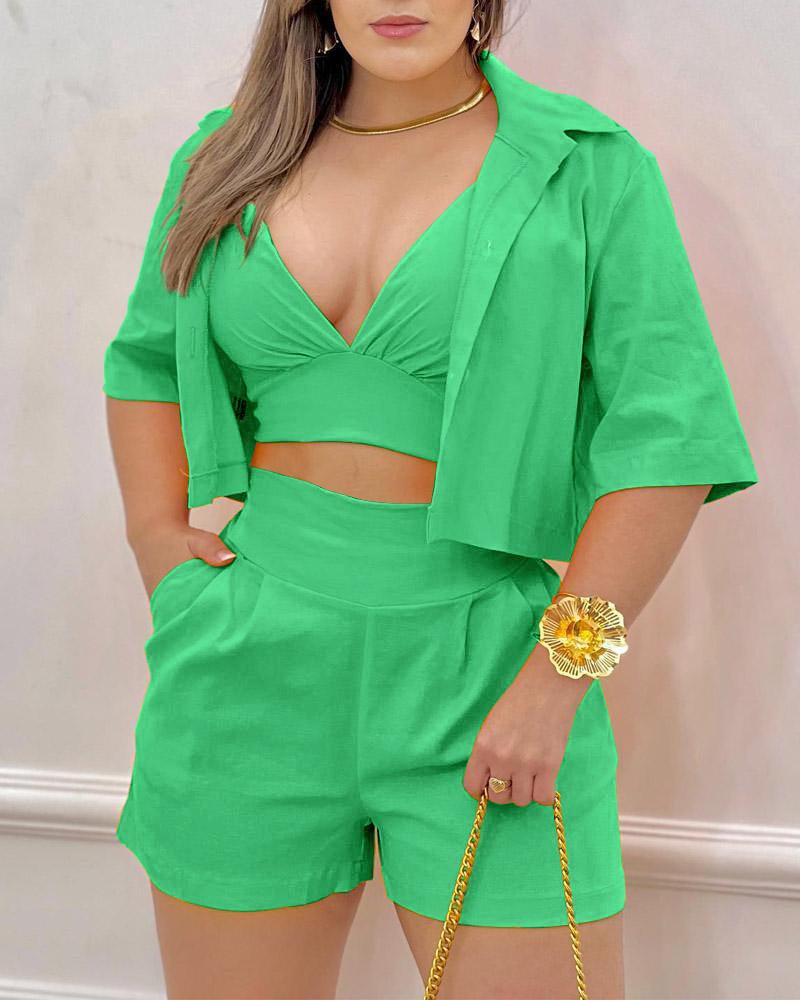 

3PCS Crop Top & Shorts Set With Shirt, Green