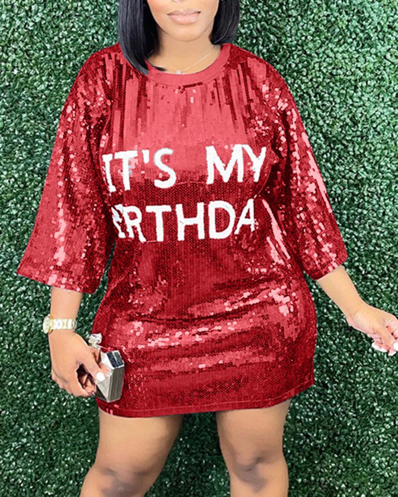 

Letter Pattern Allover Sequin Casual Dress, Red