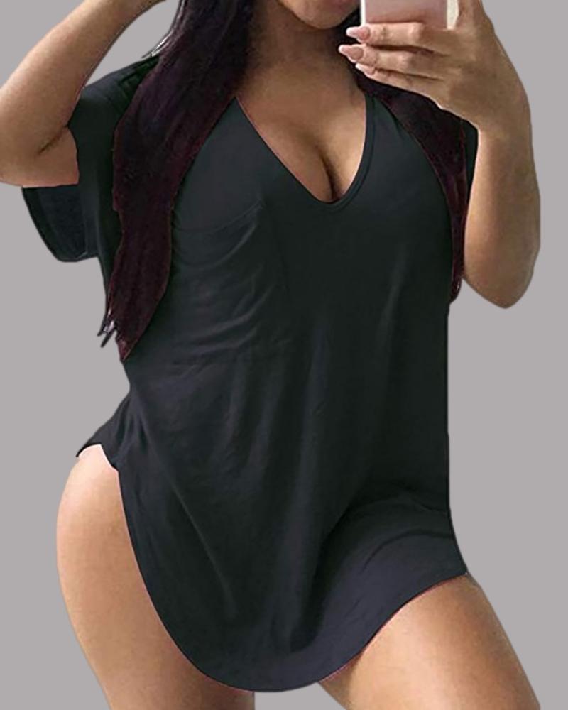 

V Neck Short Sleeve Casual T-shirt, Black