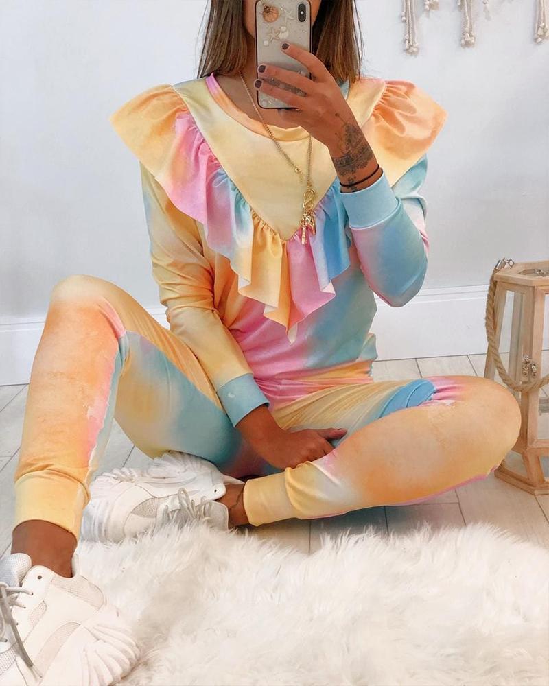 

Tie Dye Ruffle Hem Top & Pants Set, Multicolor