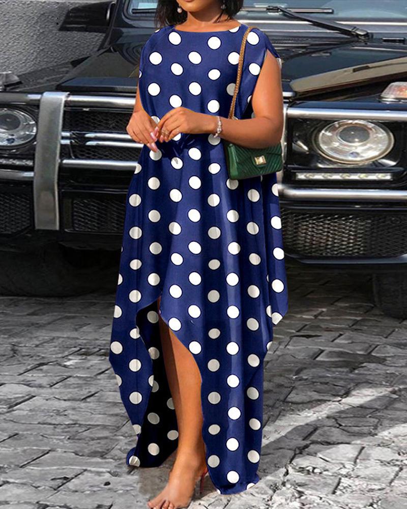 

Plus Size Polka Dot Print Dip Hem Sleeveless Casual Dress, Blue