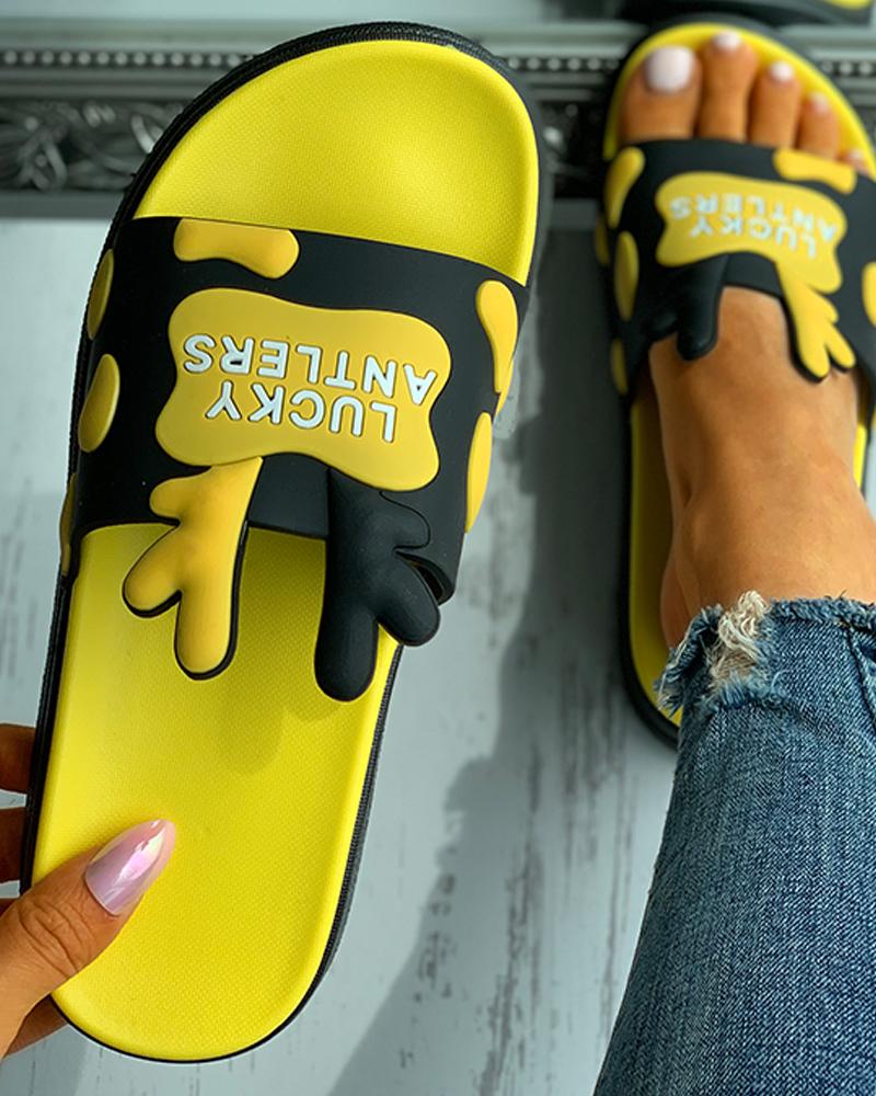 

Colorblock Cartoon Letter Pattern Slippers, Black