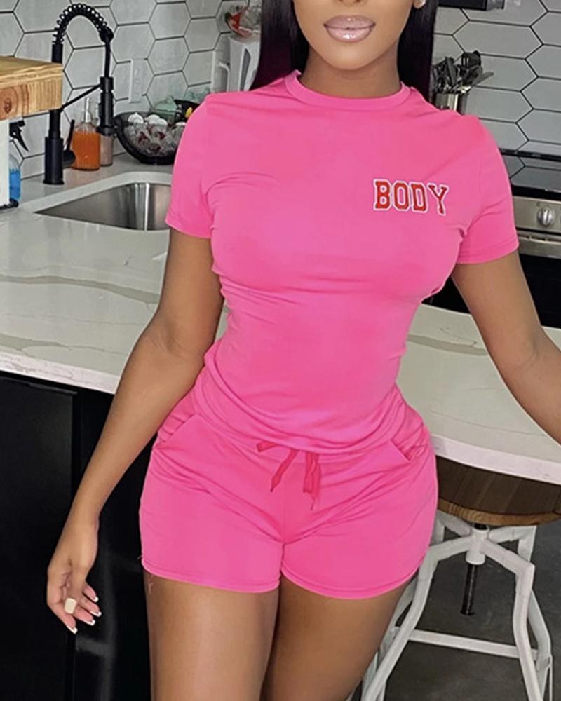 

Letter Print Casual Top & Drawstring Shorts Set, Pink