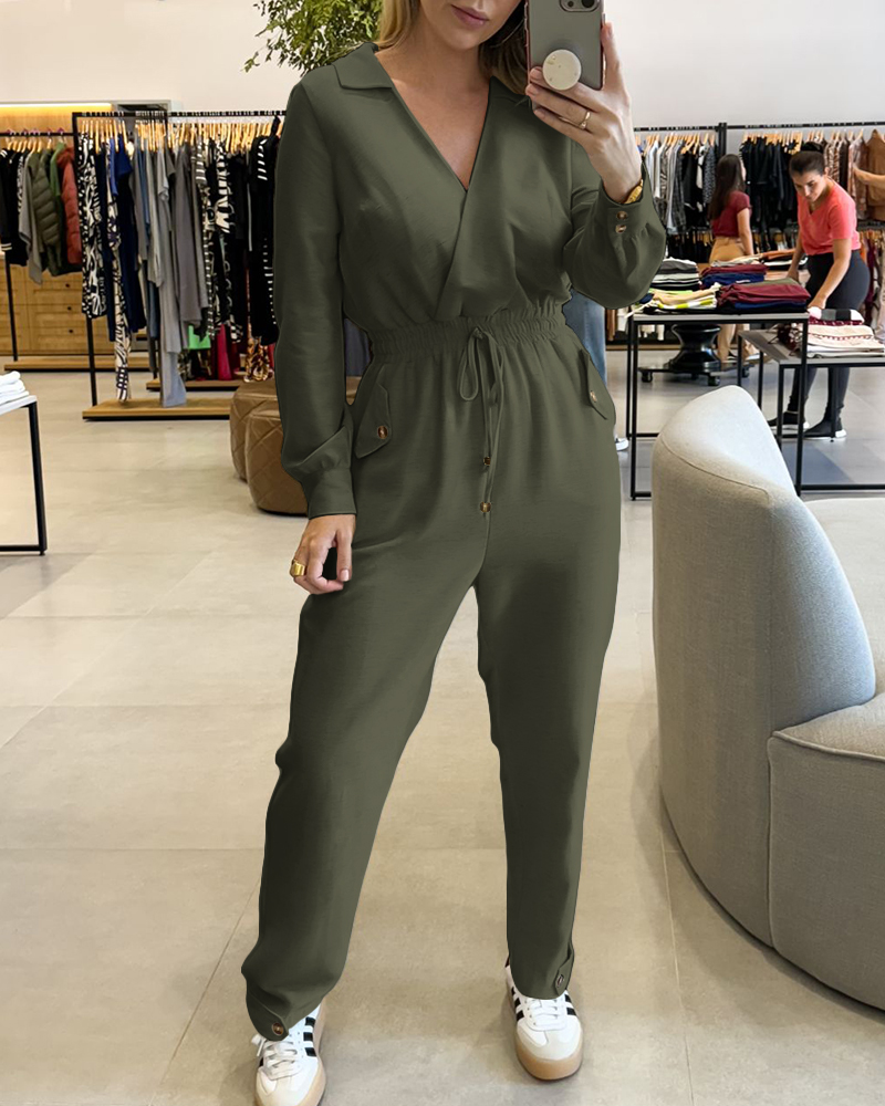

Lapel V-neck Collar Shirred Drawstring Waist Jumpsuit, Army green