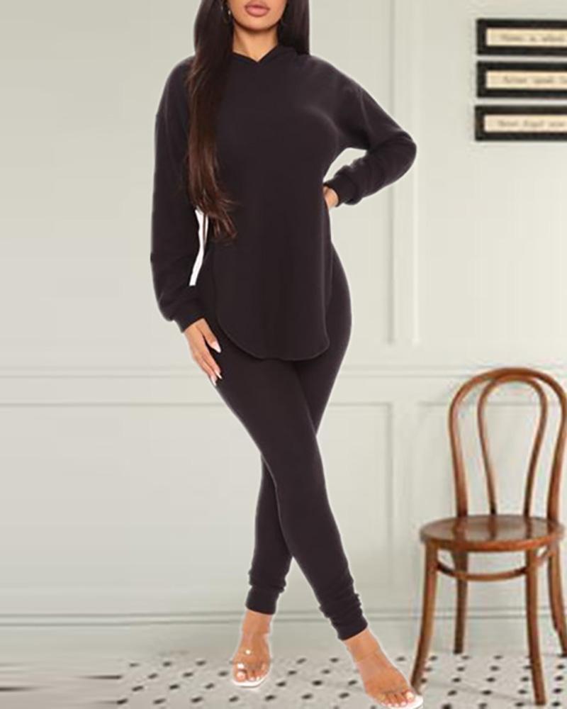 

Hooded Long Sleeve Top & Pants Set, Black