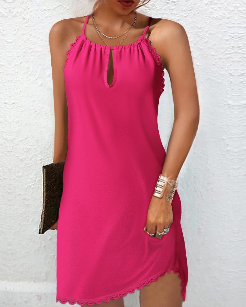 

Lace Trim Keyhole Neck Sleeveless Casual Dress, Hot pink