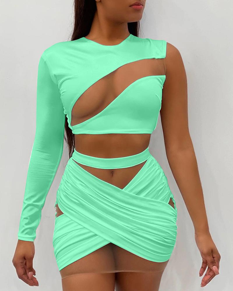 

One Shoulder Sheer Mesh Patch Crop Top & Ruched Skirt Set, Green