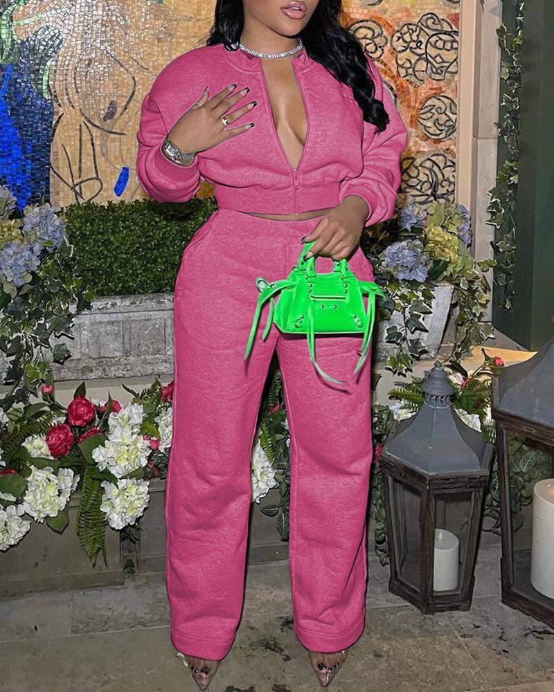 

Long Sleeve Zipper Design Top & Wide Leg Pants Set, Pink