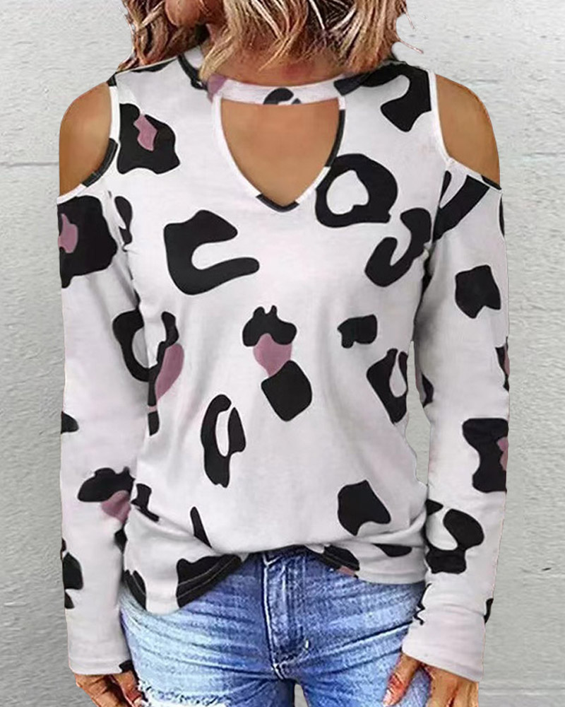 

Leopard Print Cold Shoulder Top, White