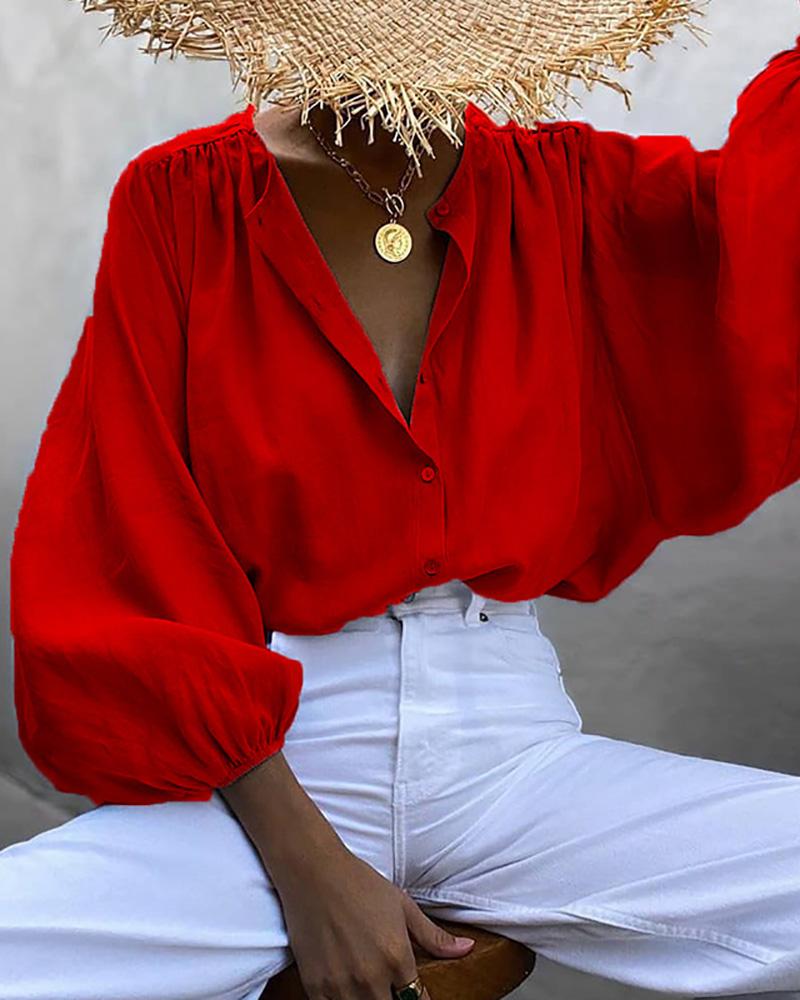 

Ruched Lantern Sleeve Button Design Casual Top Long Sleeve Plain Casual Loose Blouse, Red