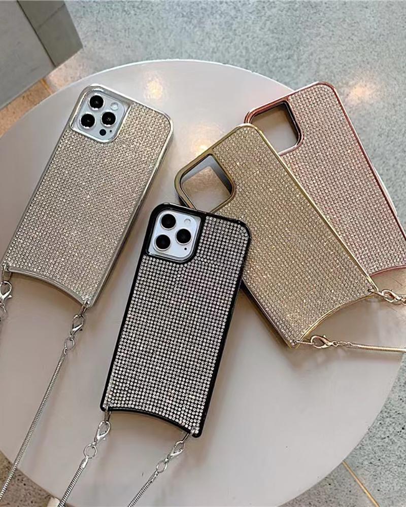 

Allover Rhinestone iPhone Case With Chain, Rose gold