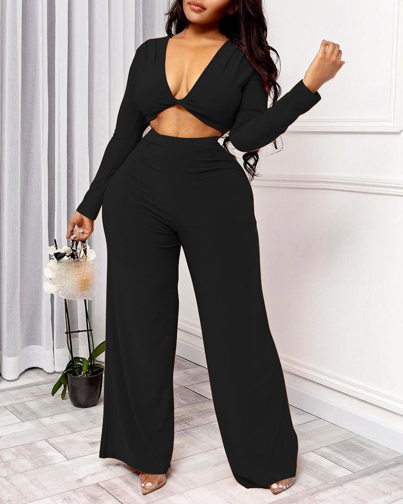 

Ruched Twisted Crop Top & Wide Leg Pants Set, Black
