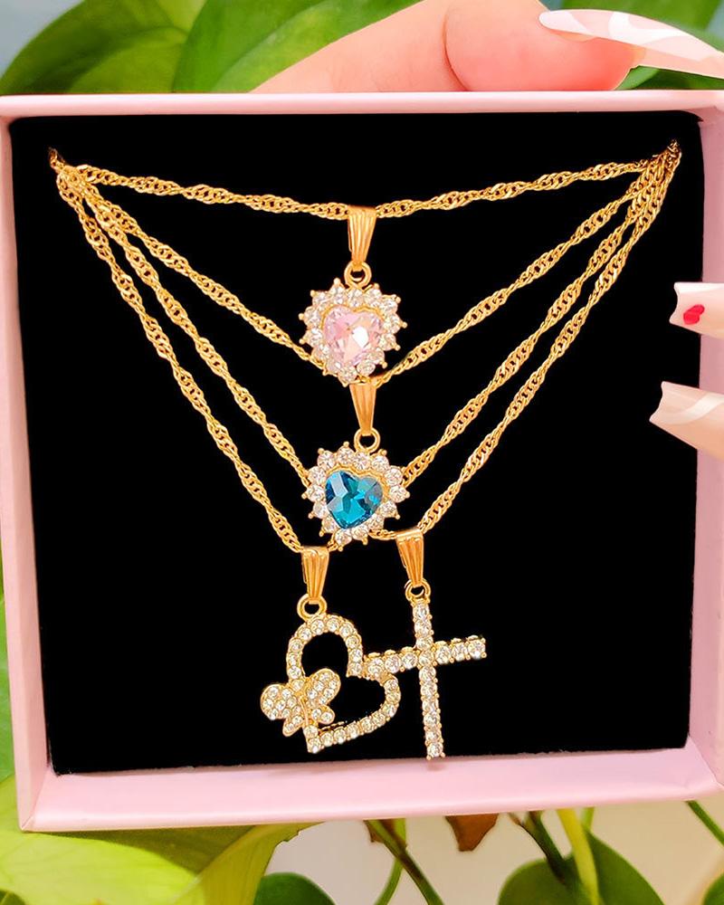 

4pcs Heart & Butterfly & Cross Pendant Rhinestone Layered Necklace, Gold