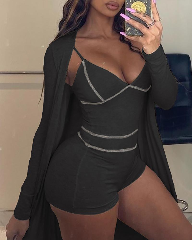 

Contrast Piping Sleeveless Romper With Coat, Black