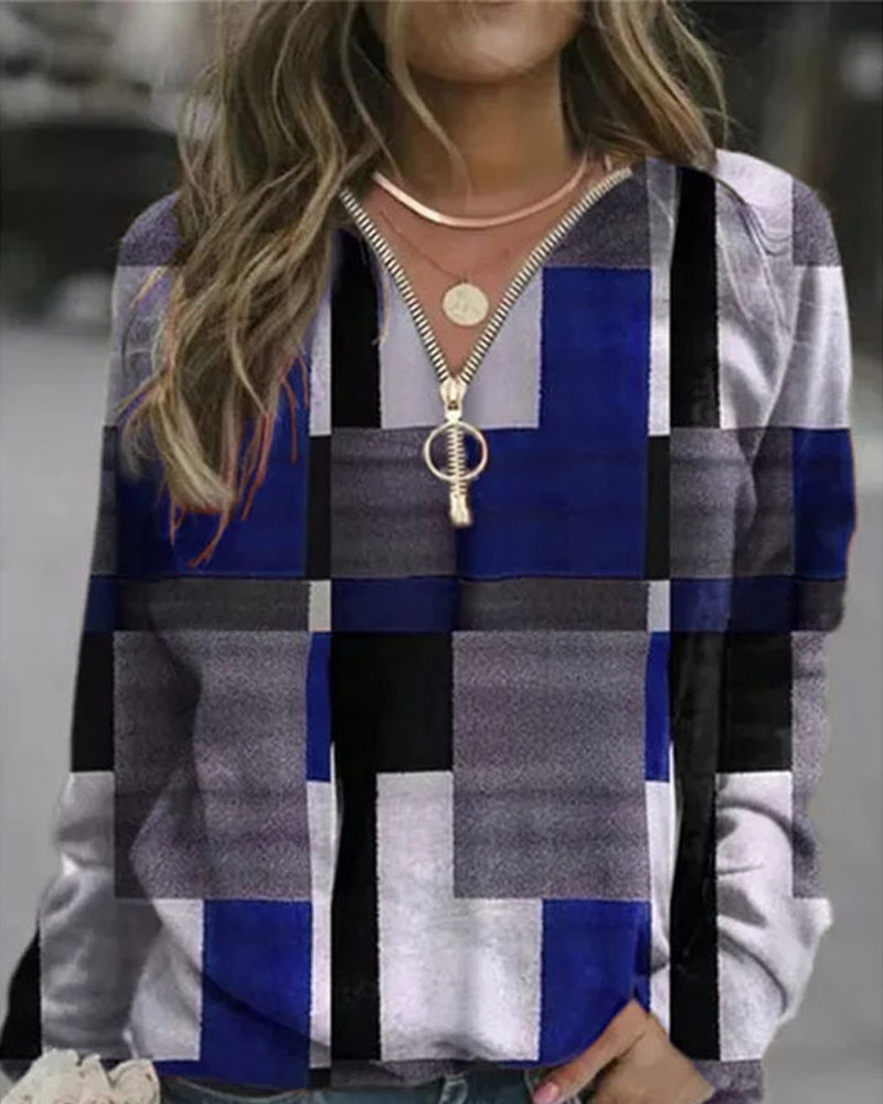 

Geometric Print Zip Front Long Sleeve Sweatshirt, Blue