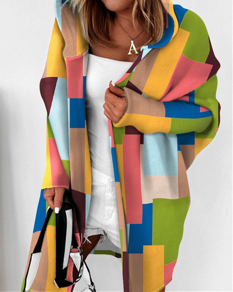 

Colorblock Geo Print Long Sleeve Hooded Coat, Multicolor