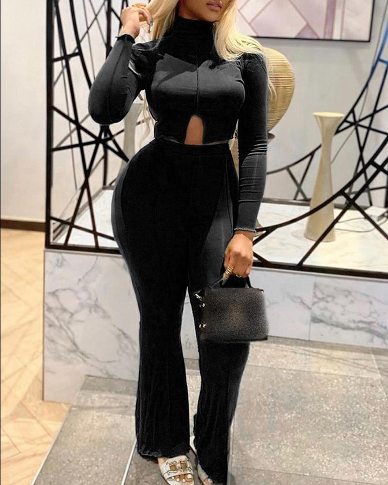 

Long Sleeve High Neck Top & High Waist Pants Set, Black