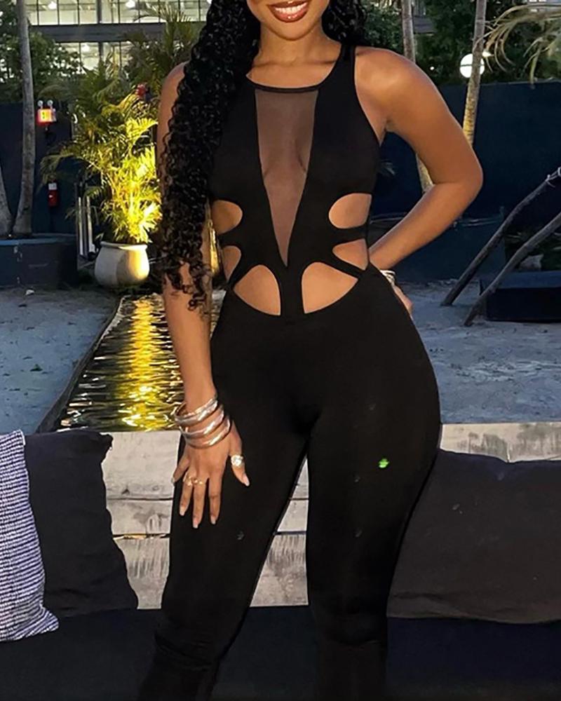 

Cutout Mesh Sleeveless Skinny Jumpsuit, Black