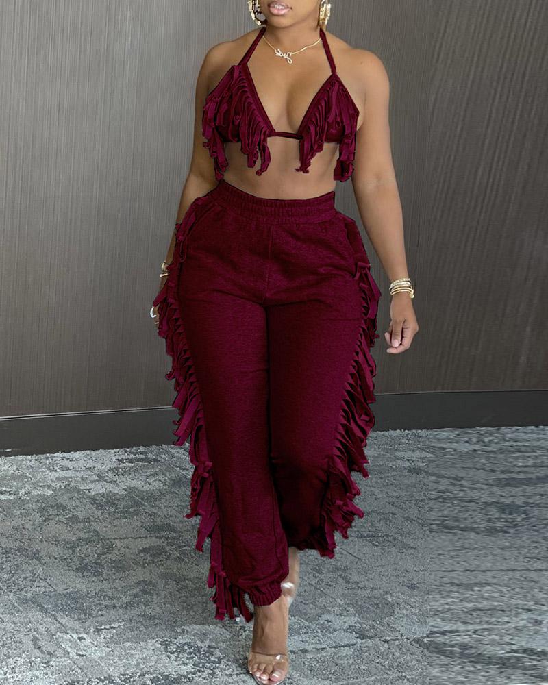 

Halter Fringe Backless Top & High Waist Pants Sets, Wine red
