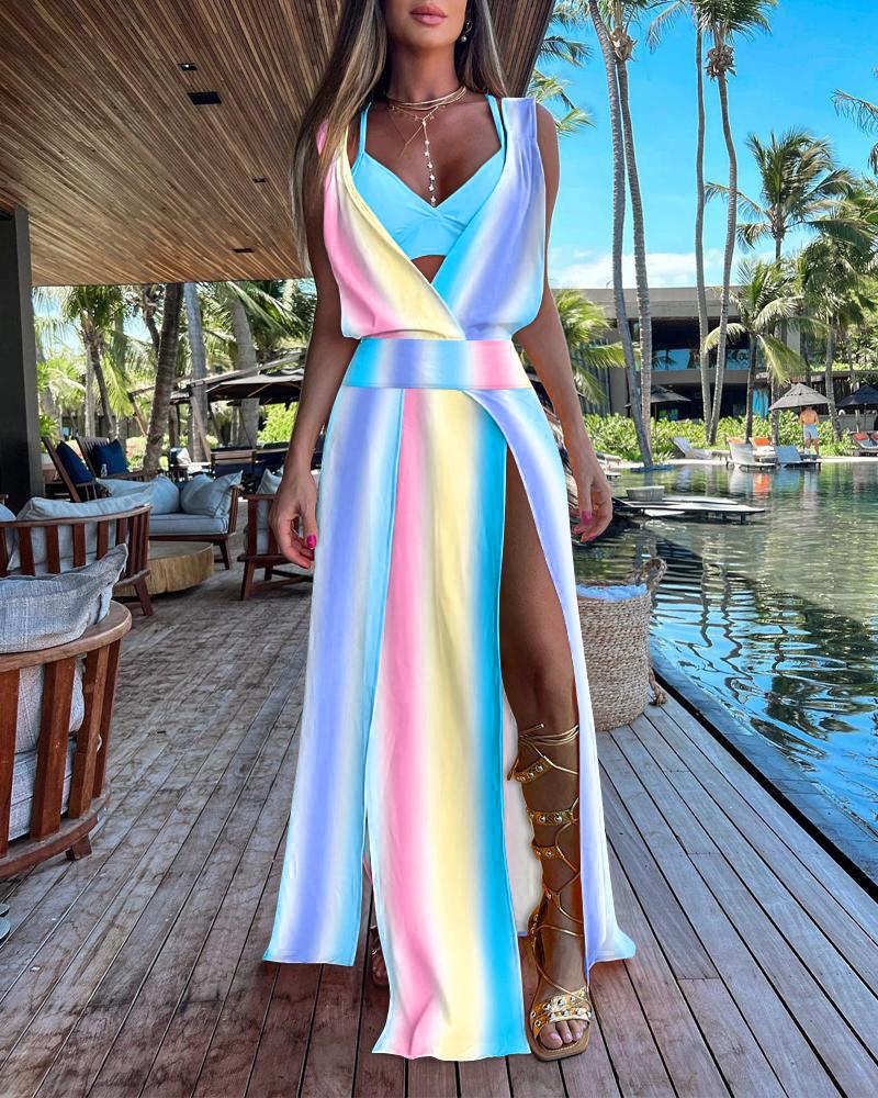 Ombre Print Sleeveless High Slit Maxi Dress With Bra Top