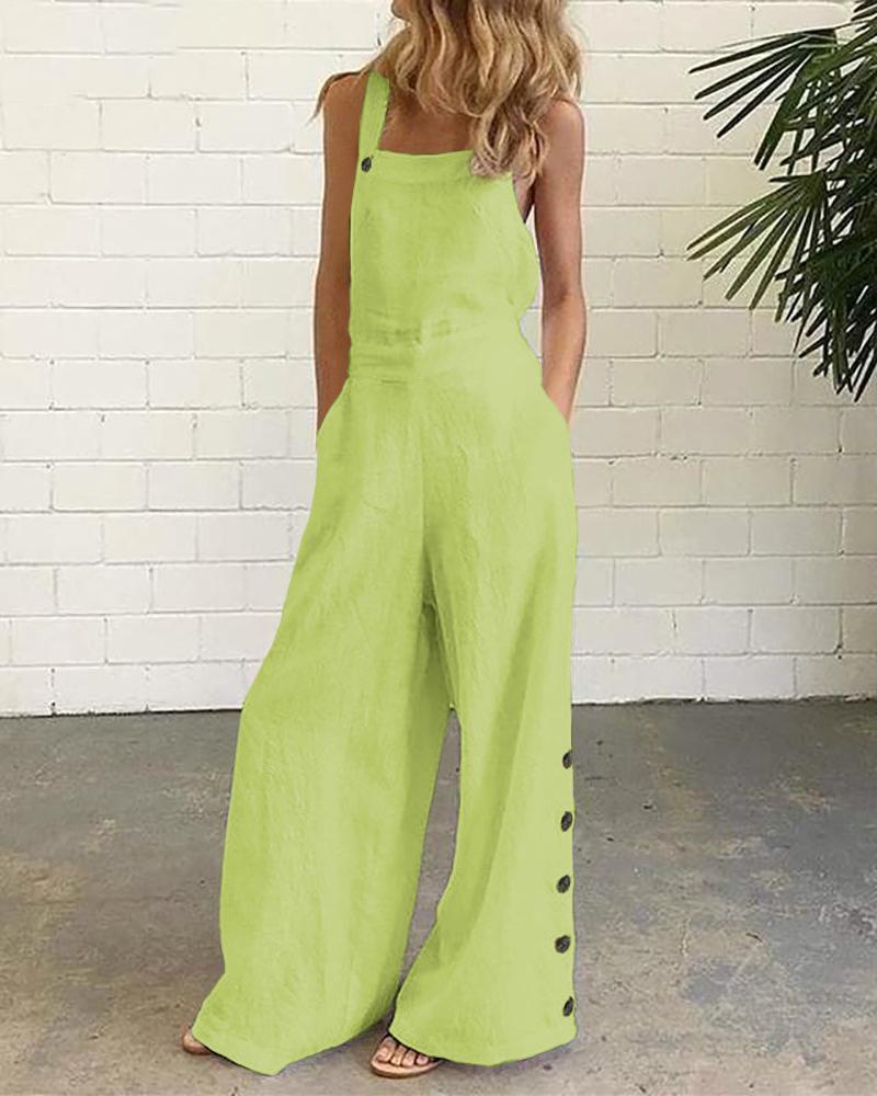 

Buttoned Pocket Design Wide Leg Suspender Jumpsuit, Light yellow