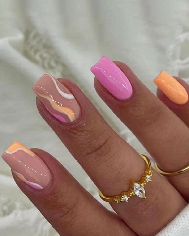 

24pcs Colorblock Press On Coffin False Nails Set, Pink