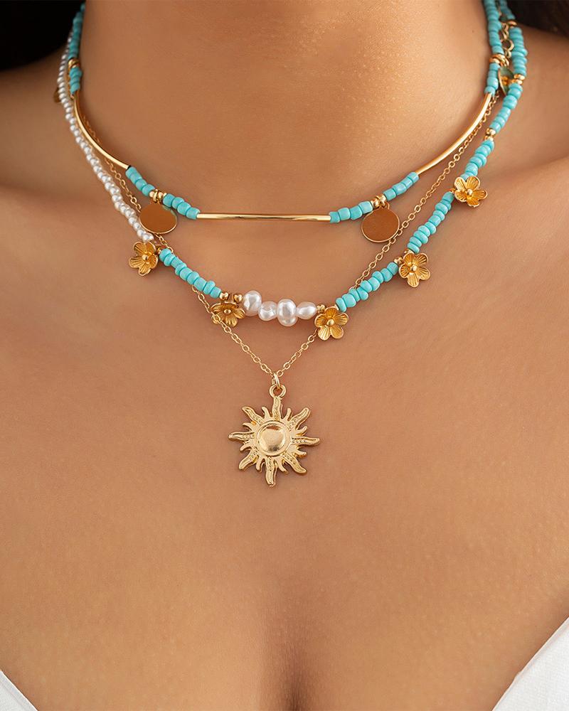 

3PCS Floral Decor Beaded Necklace, Gold