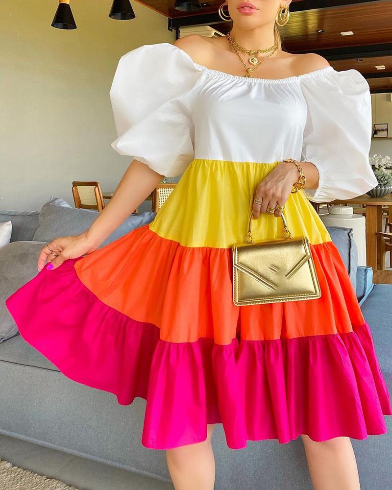 

Off Shoulder Puff Sleeve Colorblock Flared Dress, Multicolor