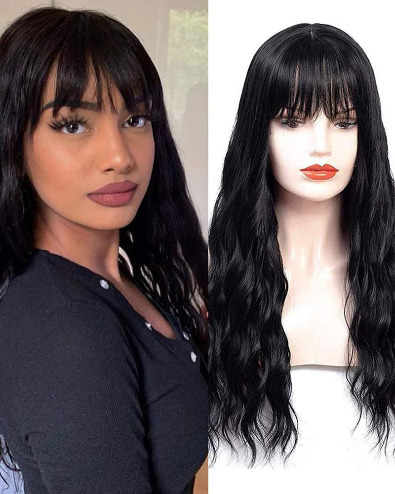 

Long Wavy Wig With Air Bangs Heat Resistant Synthetic Wig 24 inches Hair Replacement Wig, Black