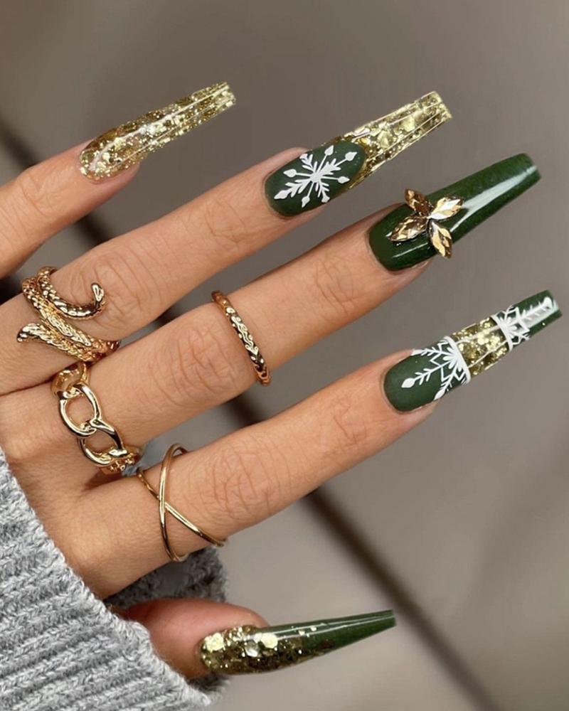 

24pcs Christmas Glitter Snowflake Press On Glossy Coffin Fake Nails Set, Green