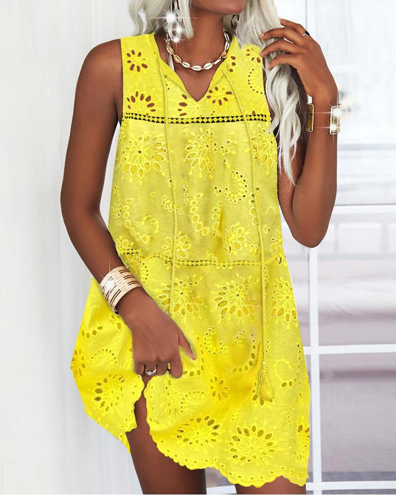 

Eyelet Embroidery Sleeveless Casual Dress, Yellow