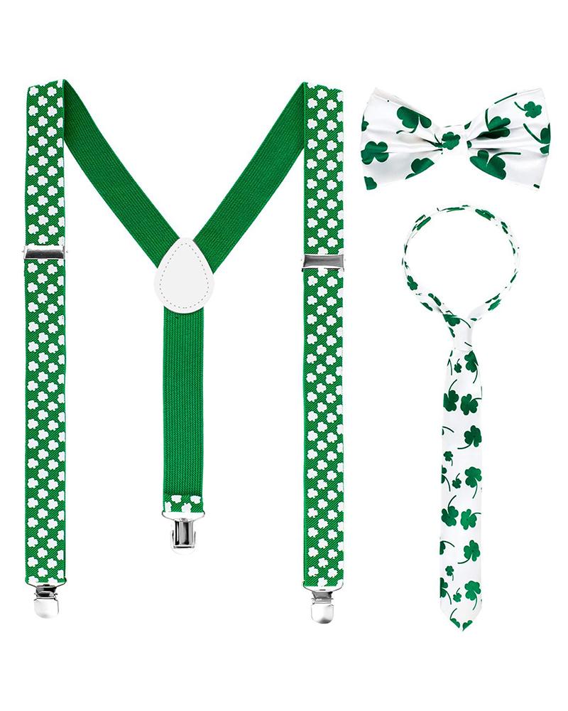 

3pcs St. Patrick's Day Shamrock Suspenders & Bowtie and Necktie for Saint Patricks Holiday Party, Green