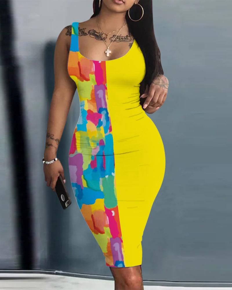 

Tie Dye Print Sleeveless U-Neck Bodycon Dress, Yellow