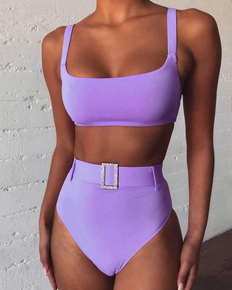 

U Neck High Waist Buckle Decor Bikini Set, Purple