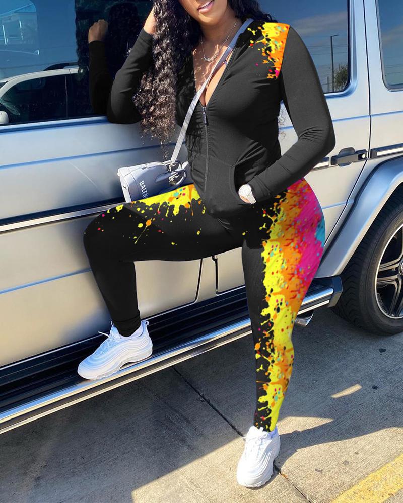 

Ink Splash Print Long Sleeve Zip Up Top & Pants Set, Black