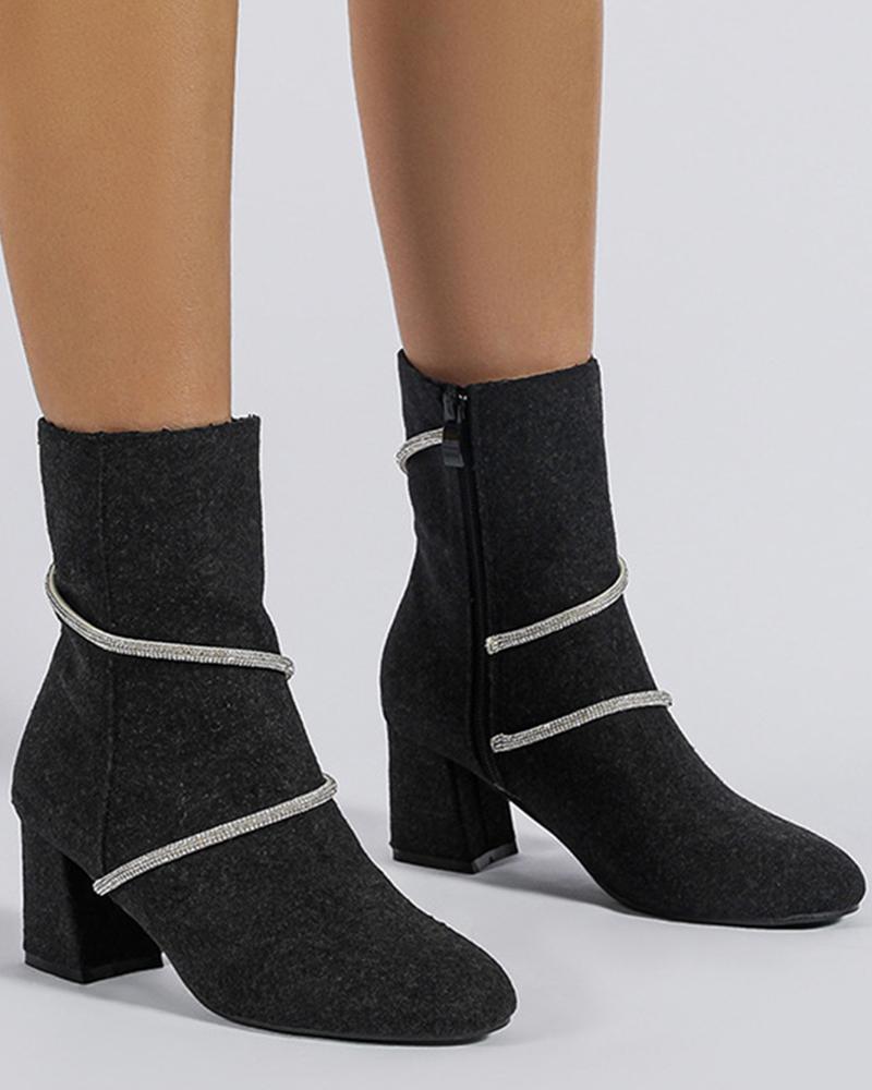 

Rhinestone Strap Decor Chunky Heel Ankle Boots, Black