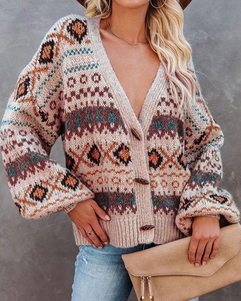 

Geo Pattern Lantern Sleeve Button Front Cardigan, Pink