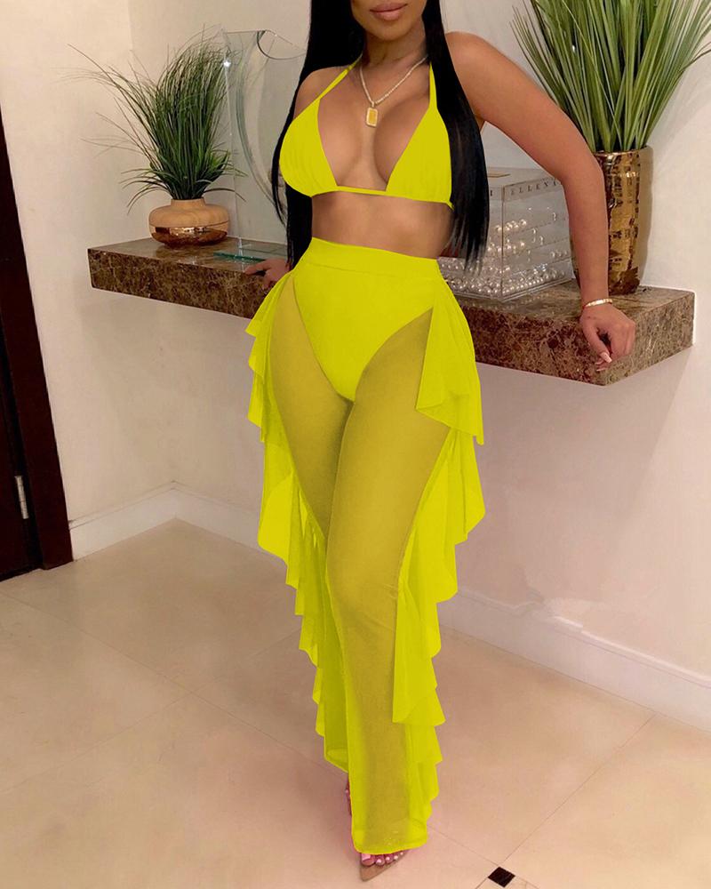 

Plain Halter Crop Top & Ruffles Hem Sheer Mesh Pants Set, Yellow